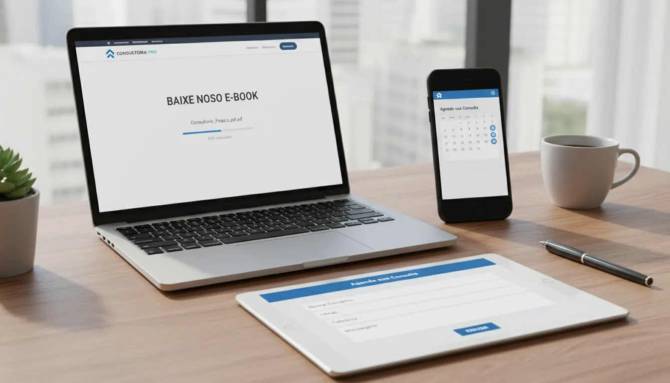 Tablet, celular e notebook exibindo contato, agendamento e e-book em site de consultor moderno e fotorrealista.