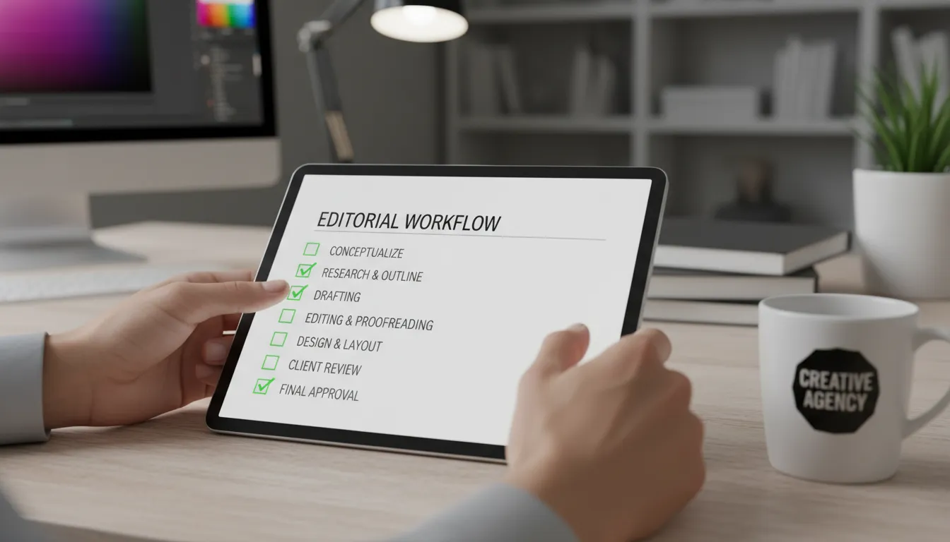 Checklist digital sendo concluída enquanto workflow editorial é acompanhado em agência criativa