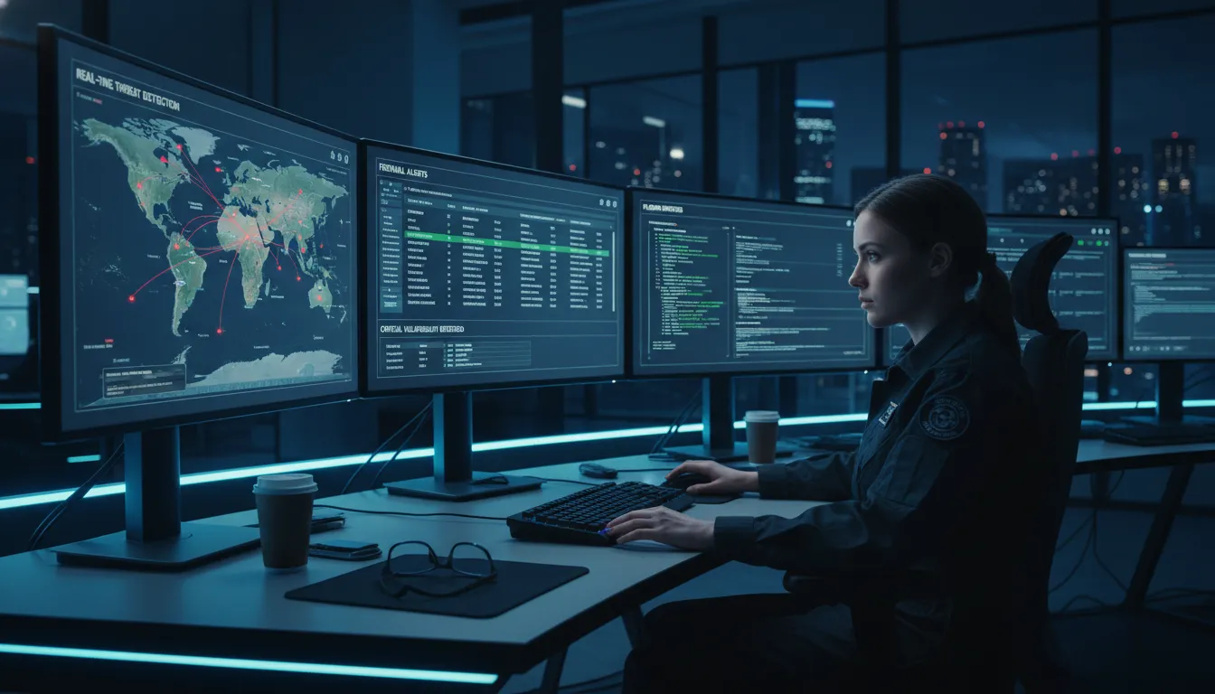 Analista de segurança em centro de operações tecnológico monitorando ameaças, firewalls e atualizações de plugins.