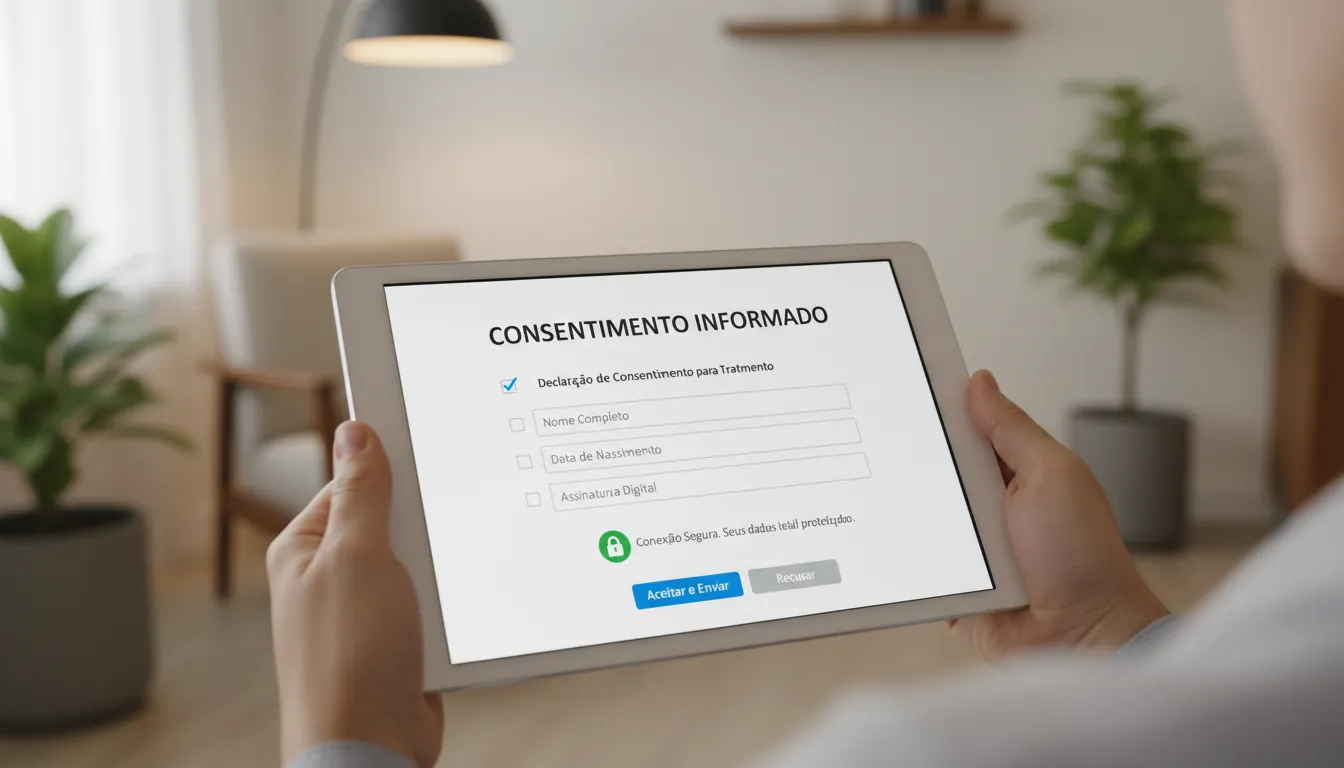 Equipe médica reunida discutindo conformidade digital, com laptops mostrando sites institucionais e selos de credibilidade.