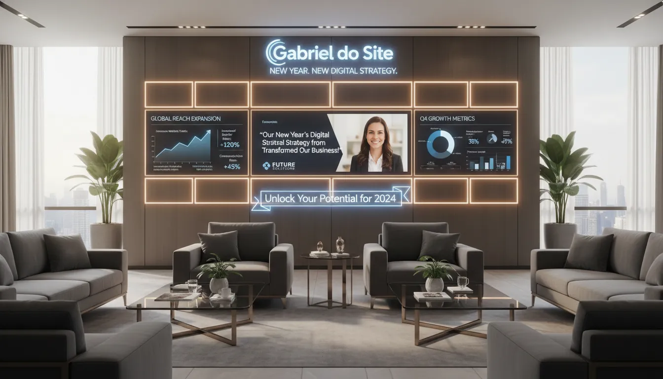Lounge de negócios moderno exibindo casos de sucesso e estratégia digital renovada com Gabriel do Site.
