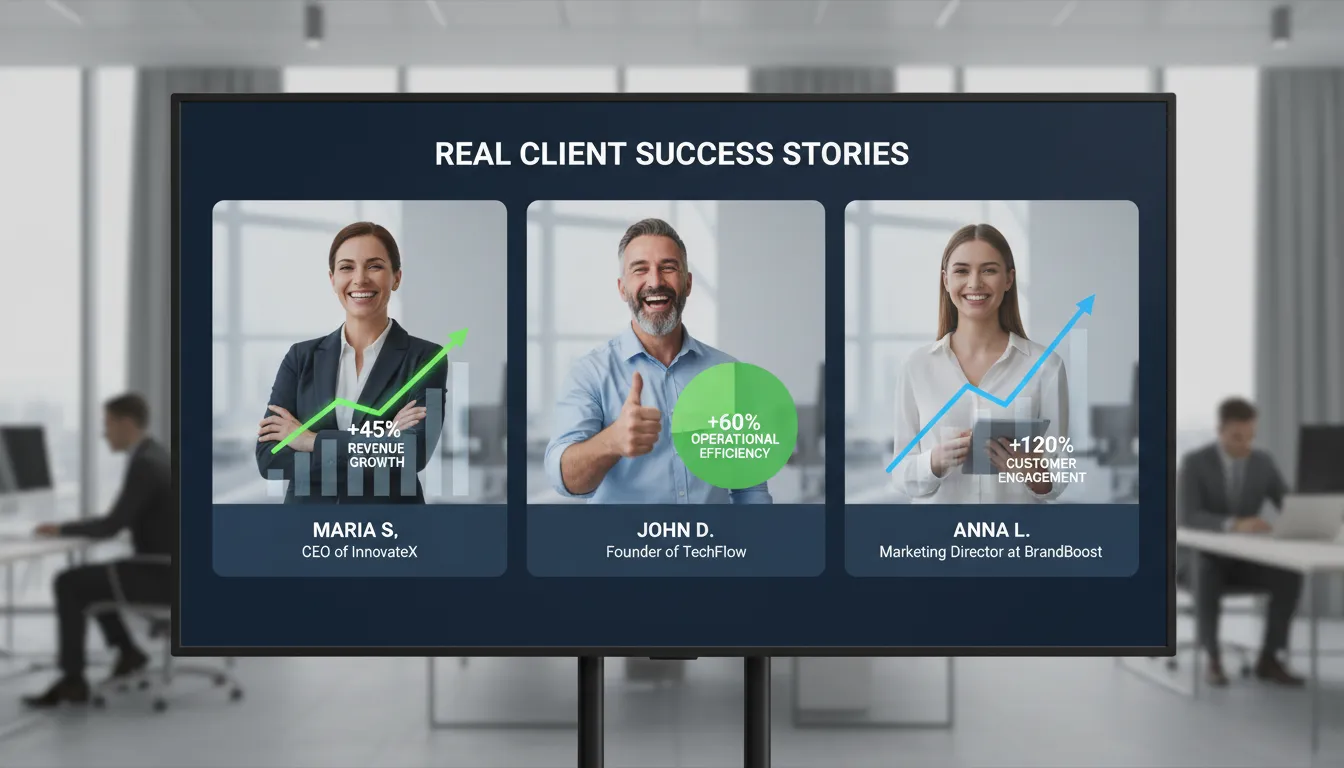 Clientes felizes em seção de depoimentos fotorrealista, com gráficos de resultados positivos em ambiente corporativo.