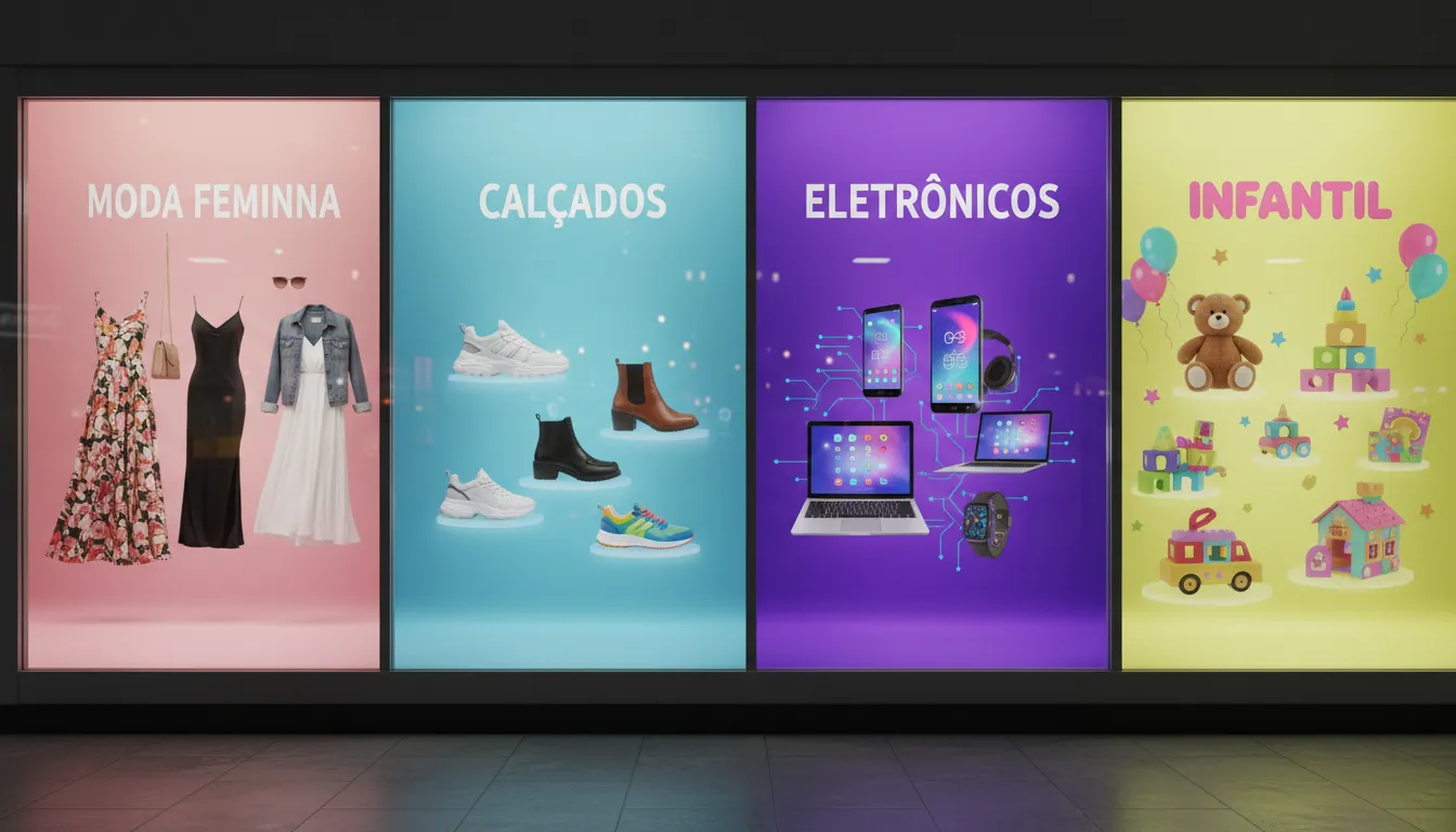 Vitrine digital com seções de moda feminina, calçados, eletrônicos e produtos infantis para e-commerce.