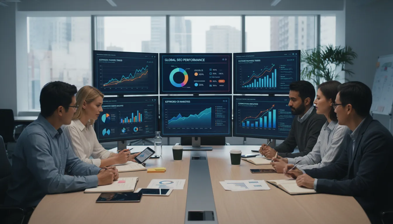 Time colaborando em estratégias de performance digital e SEO usando dados em tempo real