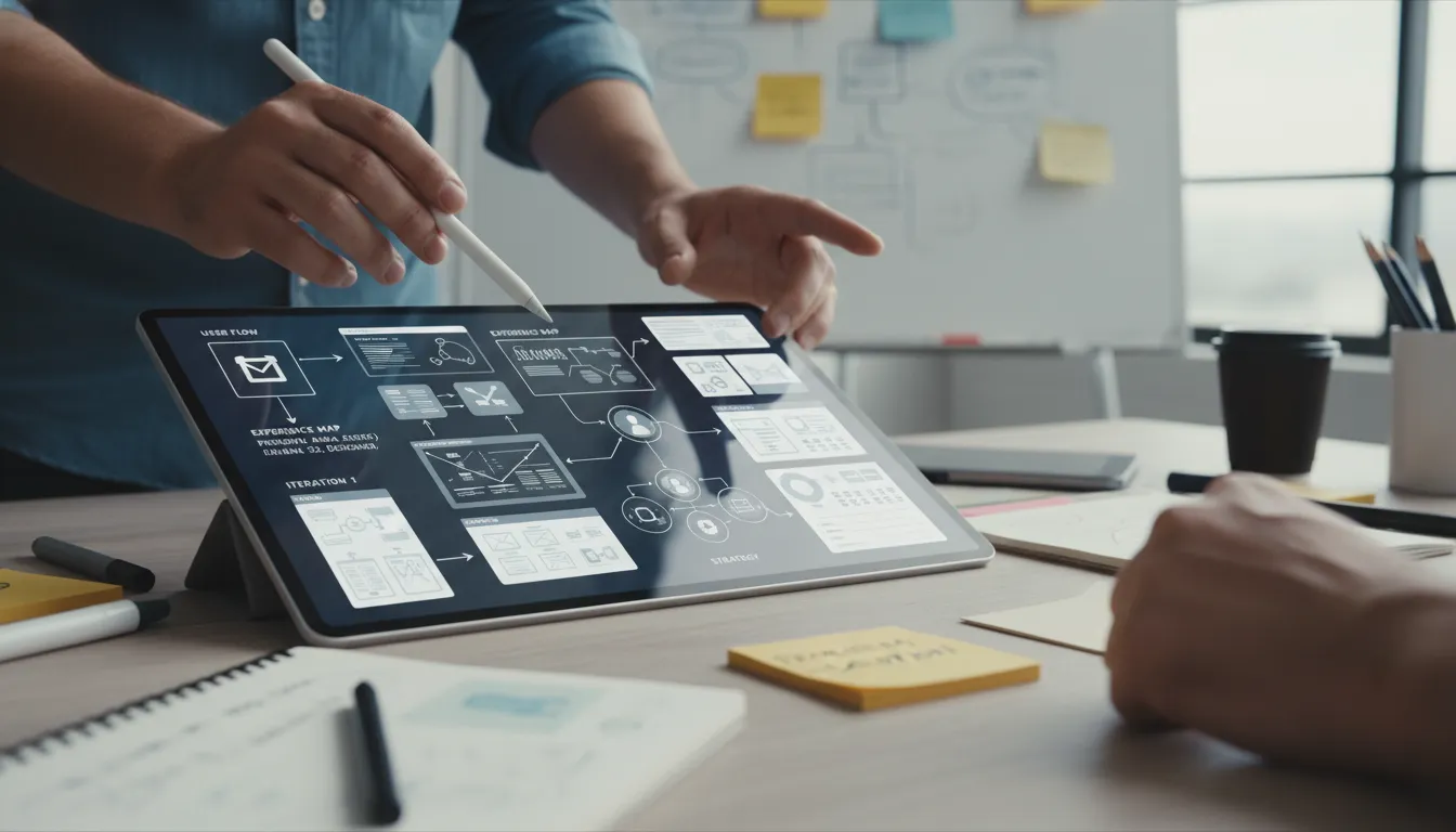 Mãos desenhando wireframes e mapas de experiência do usuário, destacando criatividade e estratégia.