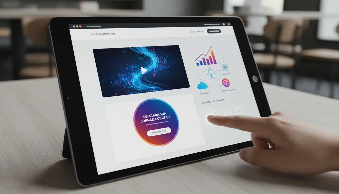 Tablet com site de storytelling interativo, vídeos curtos e infográficos animados em interface vibrante