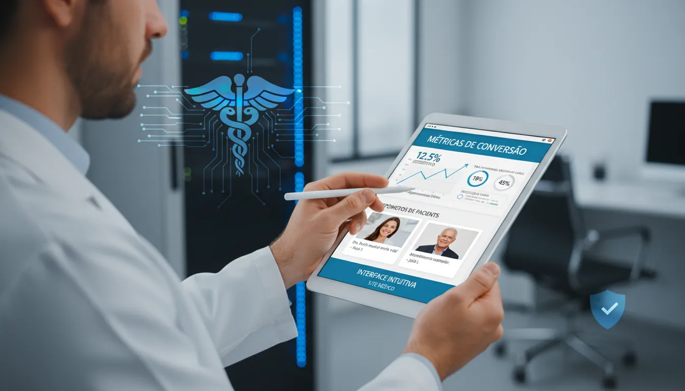 Médico com tablet analisando dados de conversão, depoimentos e interface intuitiva de site médico.