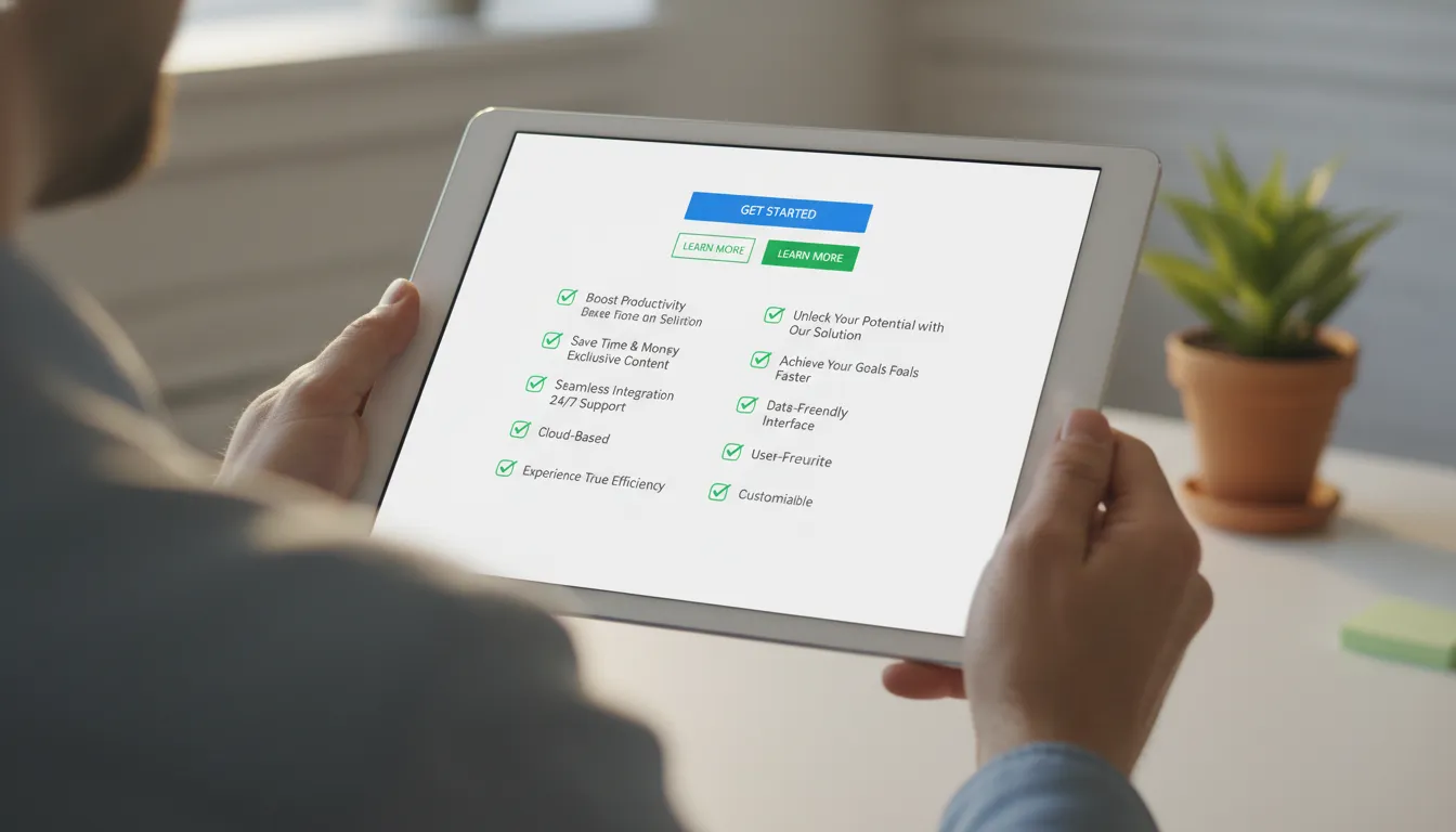 Usuário navegando em tablet com CTAs primário e secundário organizados, hierarquia visual clara e checklist visível.
