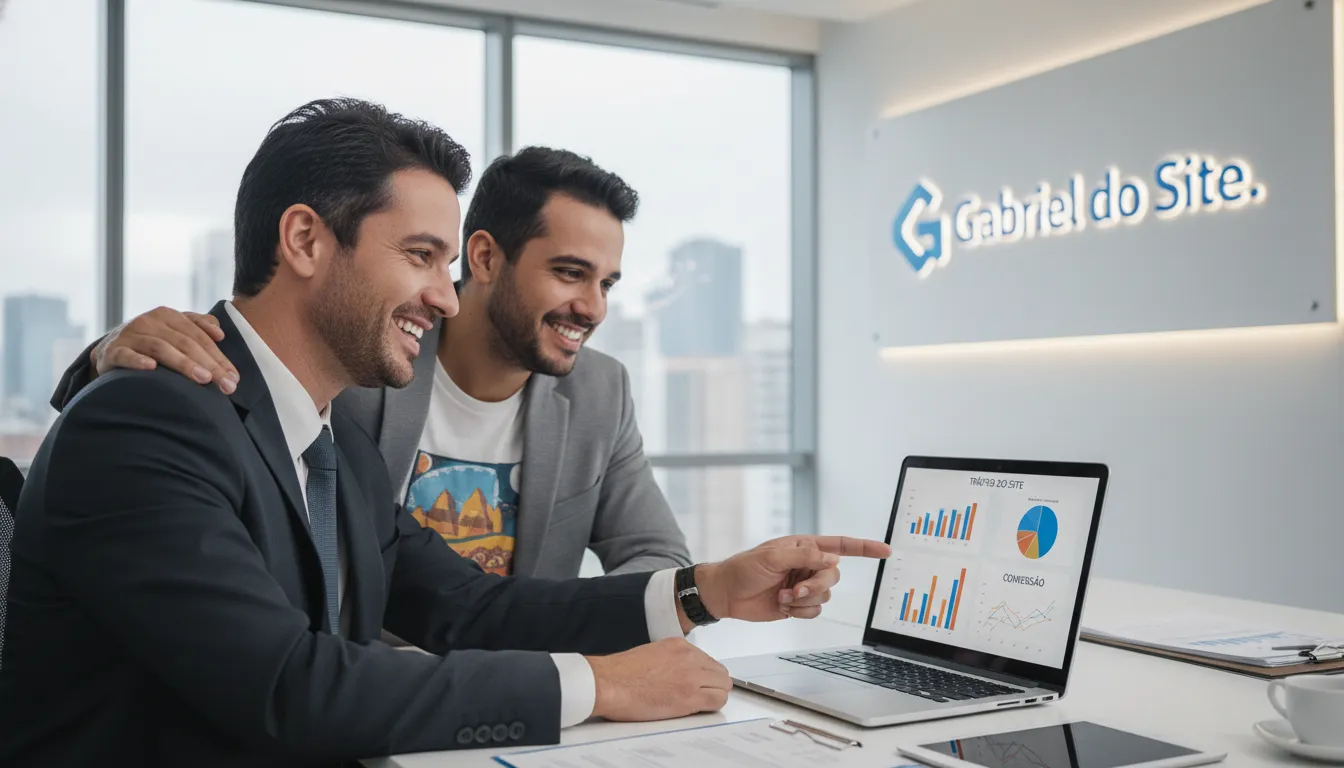 Empresário analisando métricas digitais com especialista, ambiente moderno ressaltando resultados.
