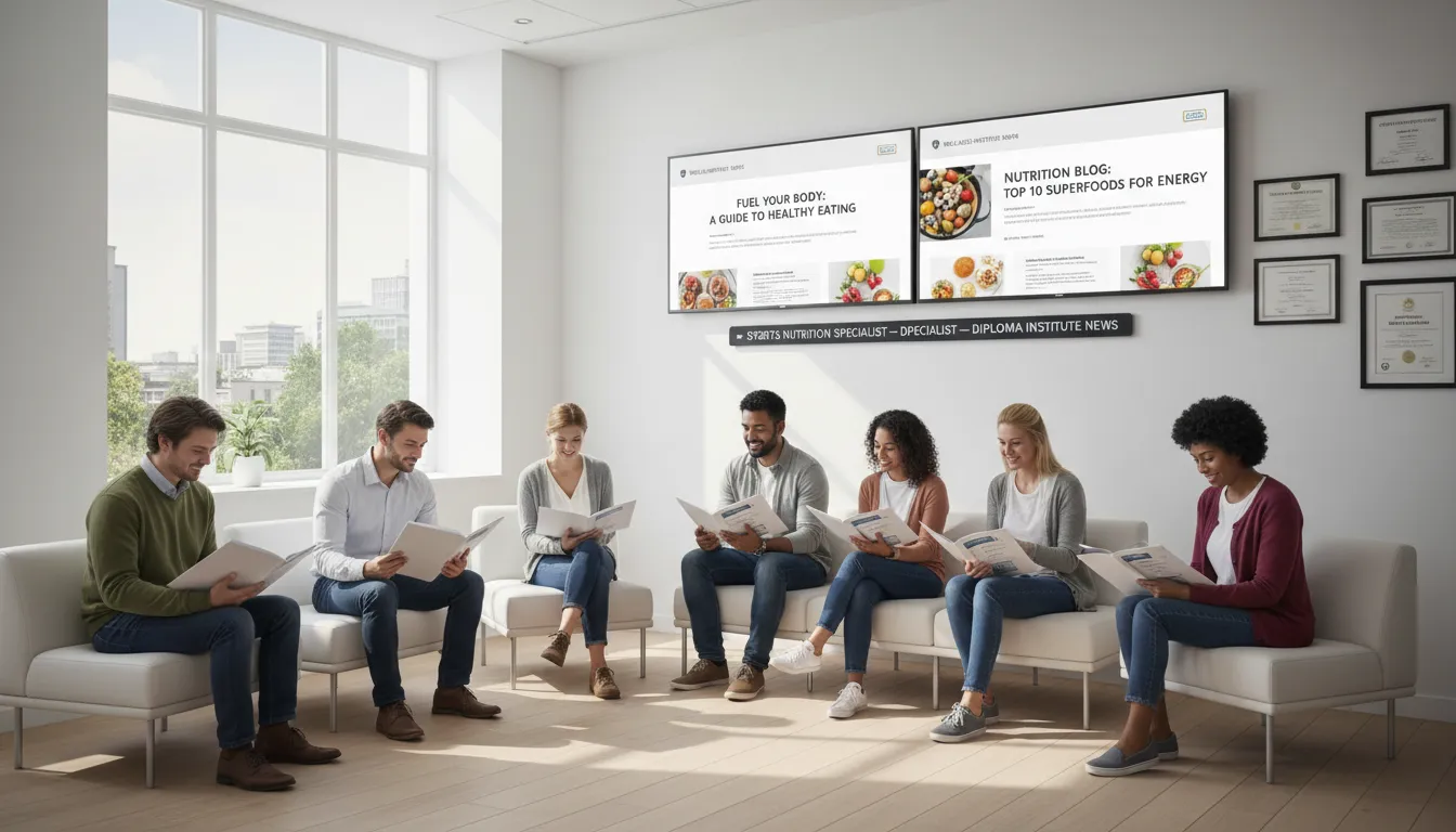 Página de site com especialidades de nutrição organizadas e ilustradas por ícones e imagens profissionais.