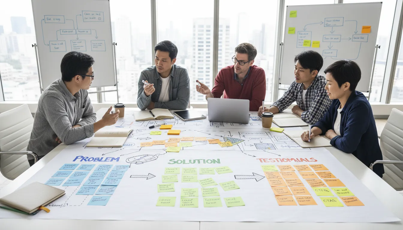 Equipe faz brainstorming com sketches e notas sobre seções-chave de landing pages focadas em geração de leads B2B.