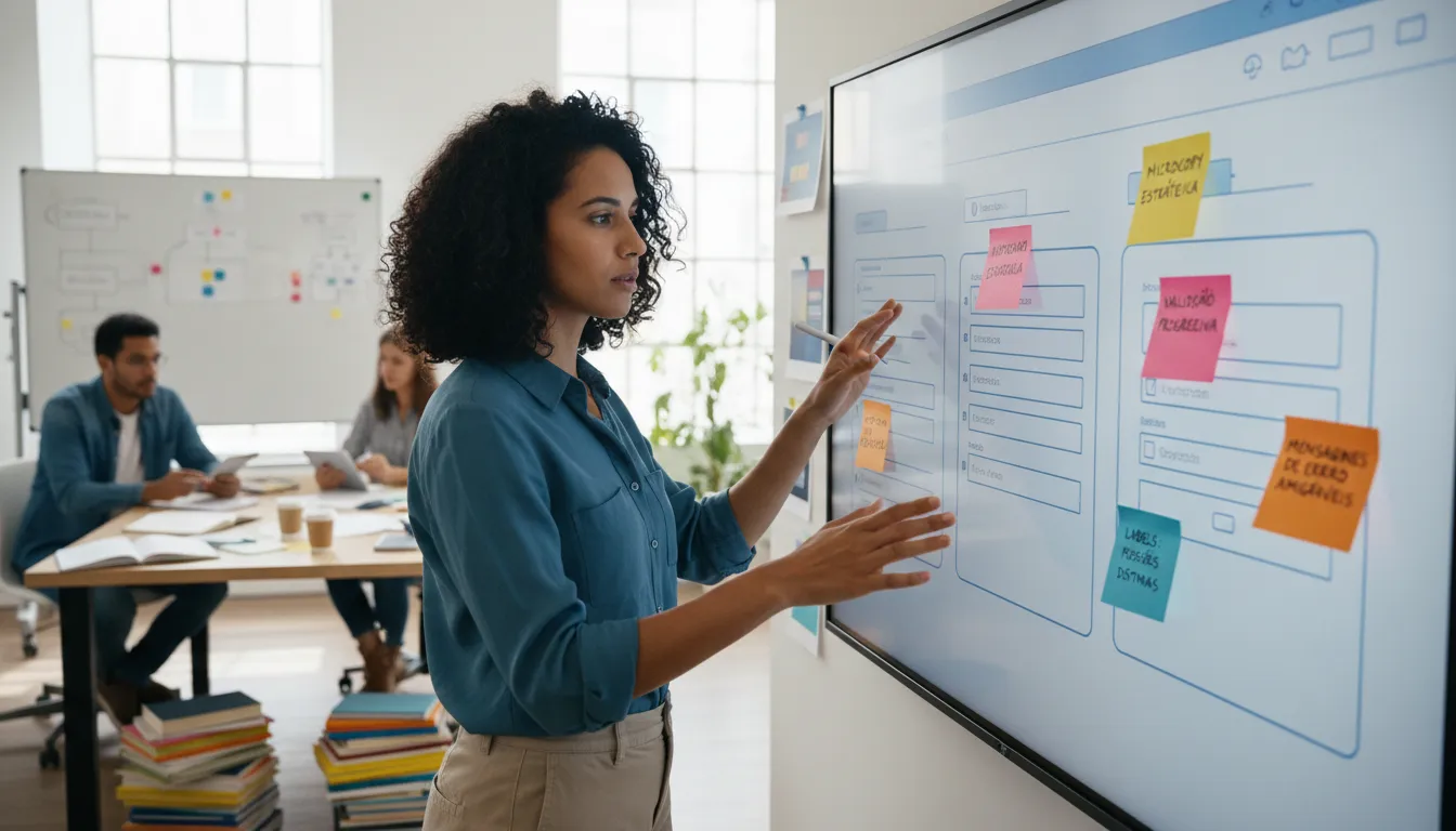 Designer de UX rascunha formulários em tela touch, destacando microcopy e experiência amigável.
