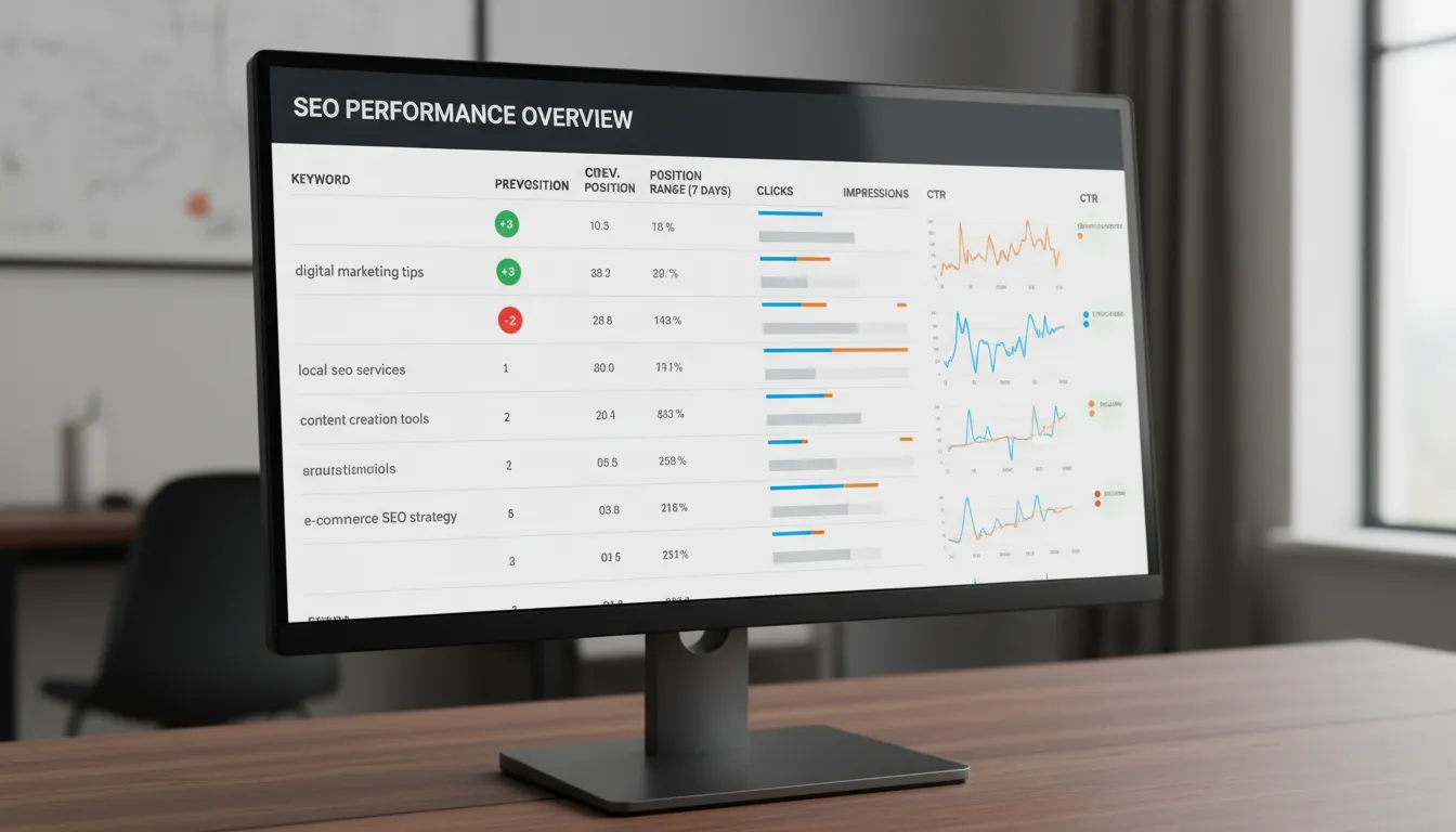 Monitor exibe métricas de SEO detalhadas, gráficos de CTR e indicadores de posição para análise de oportunidades.