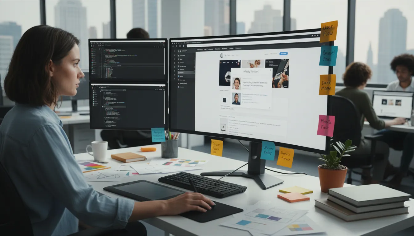 Designer web profissional usando IA e WordPress em escritório vibrante, destacando colaboração criativa.