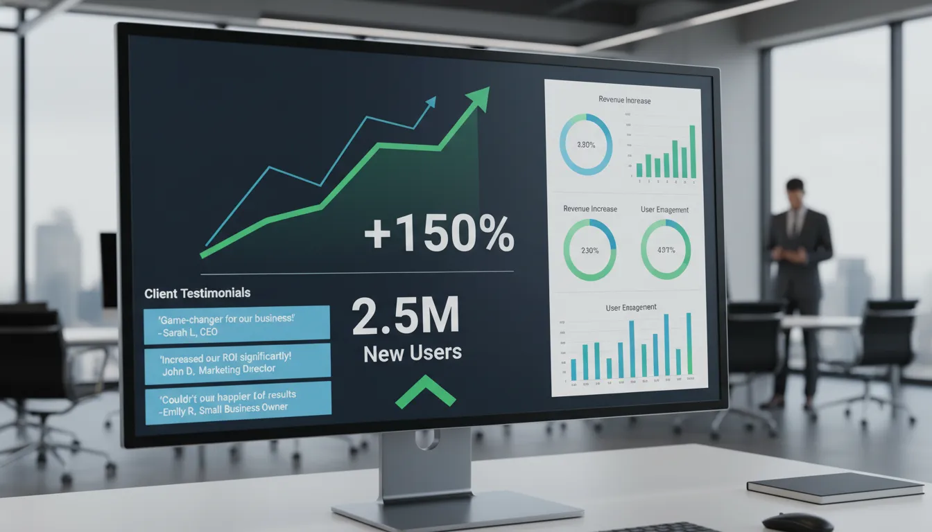 Site Institucional para Agência Digital: Portfolio + Metodologia + Lead Magnet Integrado 4 Dashboard de resultados com gráficos de sucesso e comentários de clientes em ambiente moderno.