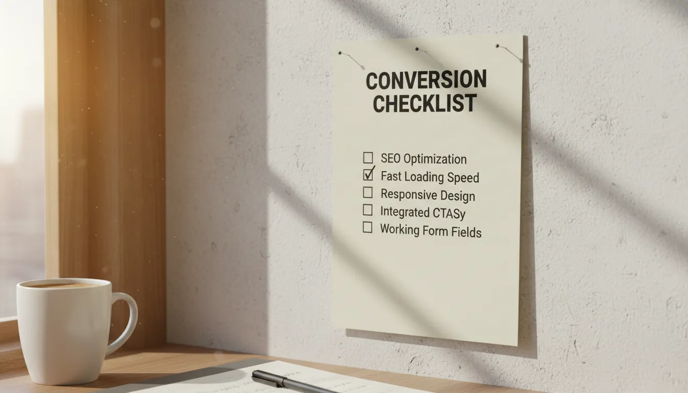 Checklist completo de pré-lançamento de landing page em ambiente de trabalho, destacando tópicos essenciais.