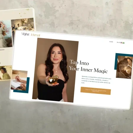 Um laptop em uma superfície cinza exibe o site do Mythic Journal com uma mulher de blusa preta segurando um objeto dourado e o texto Tap Into Your Inner Magic ao lado dela. O site apresenta um design limpo e elegante. gabrieldosite