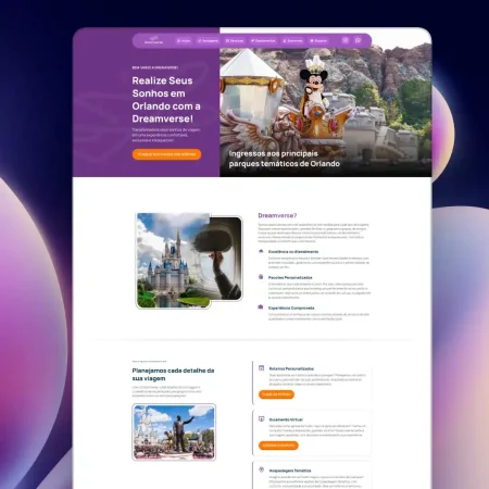 Captura de tela de um site de viagens em português que apresenta os parques temáticos de Orlando. A página inclui um banner com o Castelo da Cinderela e o Mickey Mouse, seções para planejamento de viagens, itinerários personalizados e depoimentos de clientes. gabrieldosite