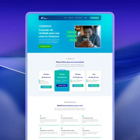 Captura de tela do site de um provedor de serviços de Internet brasileiro, com um homem sorridente com um smartphone, planos de preços para diferentes velocidades de Internet e seções destacando benefícios e vantagens exclusivos para os clientes. gabrieldosite